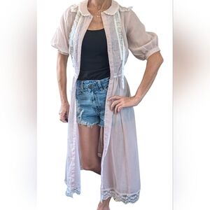 Gunne Sax Vintage Pastel Sheer Lace Button-Up Midi Girlhood Blouson Dress Size 5